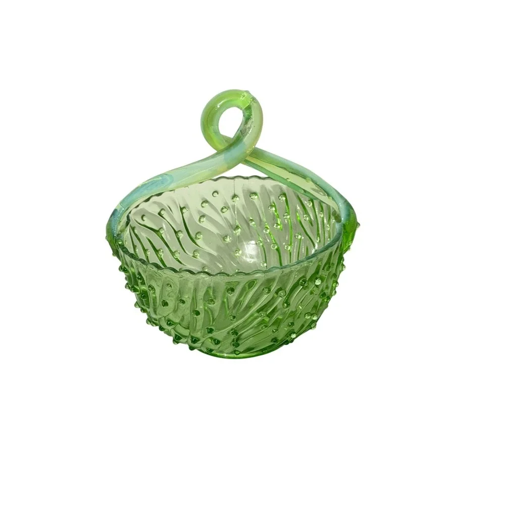 Vintage Art Glass Basket Green Hobnail Swirl Twisted Handle Bowl